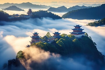 The ethereal beauty of Wudang Mountains, is immersed in a captivating sea of clouds. The mystical atmosphere transforms the landscape into an enchanting wonderland