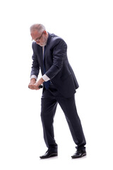 Old businessman holding penlight isolated on white