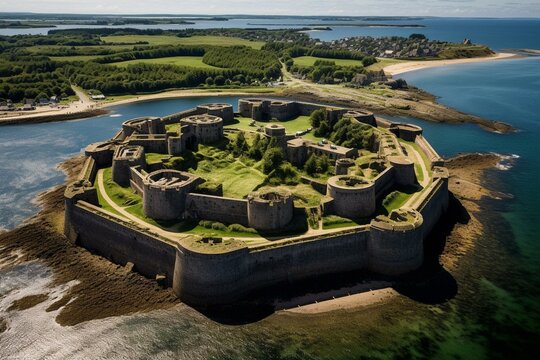 An overhead view of the citadel constructed by Vauban on Belle-Île-en-Mer, the largest Brittany island fortification in France's Morbihan department, Atlantic Ocean. Generative AI