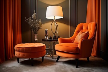 Elegant orange armchair, paired with ottoman and lamp, adds a touch of luxury to any space. Generative AI