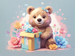 Fototapeta premium Cute bear with a gift box, flowers and colorful background.