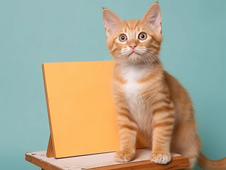 Artistic Tabby Cat and the Yellow Canvas,cat with blank board