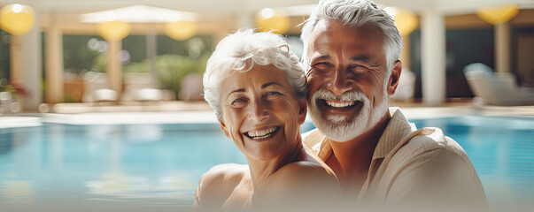 Senior smilling cuple on summer holiday near water pool. Old woman and man embrace.