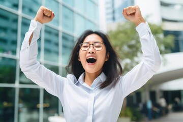 Fototapeta premium A determined woman raising her fists in a white shirt and glasses