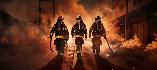 Firefighters walking down a street in front of a blazing fire