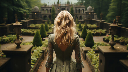 a blonde girl with curly hair on a green retro dress in a bush garden, back view, illustration in pastel colors, created with Generative AI Technology. - obrazy, fototapety, plakaty