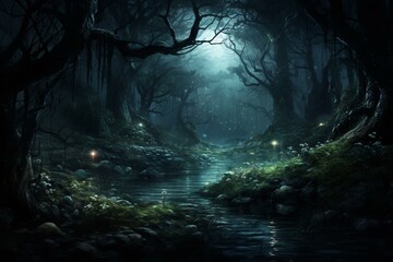 A dark forest illuminated by moonlight, creating a mysterious atmosphere. Generative AI