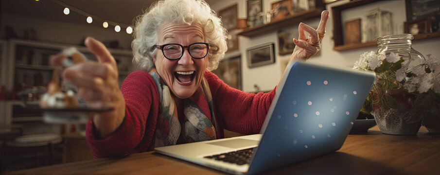 Senior old woman working on laptop, Woman in old age smilling and surfing on internet. wide banner, copy space for text.