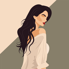 Vector flat fashion illustration, young dark-haired woman with a beautiful figure posing in a stylish pink blouse with bare shoulders.
