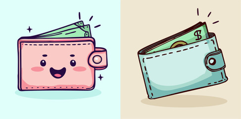 Cute cartoon style drawing of wallet with money