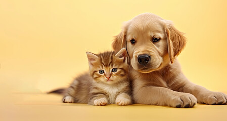 Golden retriever puppy and kitten lie next to each other on a yellow background