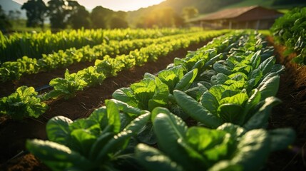 Rows of diverse crops in an organic farm, featuring rich greens and earthy browns, represent sustainability.