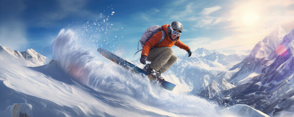 Snowboarder on winter slope in speed. Snowboarder jumping through snowy air. - obrazy, fototapety, plakaty