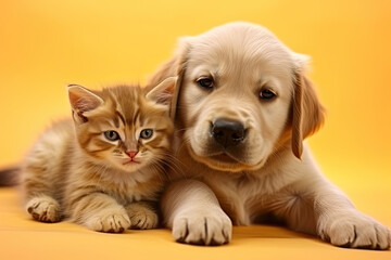 Obraz premium Golden retriever puppy and kitten lie next to each other on a yellow background
