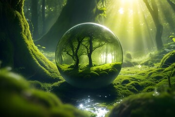 Glass sphere with forest model inside, bright sun light background. Ecology theme.