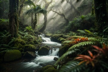Mysterious Magical Dark rain forest with sun light shine through canopy