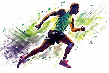 Illustration of a runner in motion. Green, blue, purple and yellow watercolor splashes.