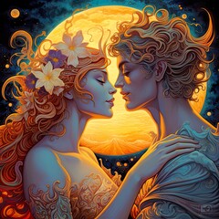 Man and woman face to face, golden divine couple embracing with golden circle in background. Moon and sun in tender kiss. Love and emotions. Esoteric, romance, spirituality. Embrace your twin-flame.
