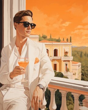 A man enjoying a glass of wine on a balcony with a picturesque view