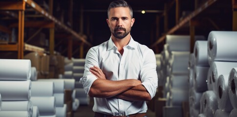 A man standing in front of stacks of toilet paper