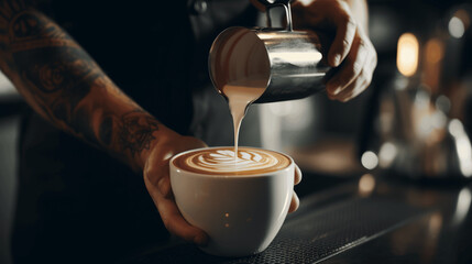 Fototapeta na wymiar Latte Artistry, Barista Creates a Masterpiece with Milk 