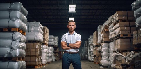 A confident man in a warehouse, standing with his arms crossed