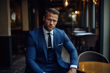 Fototapeta premium A businessman sitting at a table in a blue suit