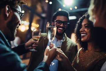 People celebrating with champagne at night. New Year's Eve concept - obrazy, fototapety, plakaty