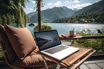 Laptop computer on a terrace with beautiful lake view background, Digital nomad’s lifestyle,  Remote job and teleworking concept, Vacation Leave, Nomad visa - obrazy, fototapety, plakaty