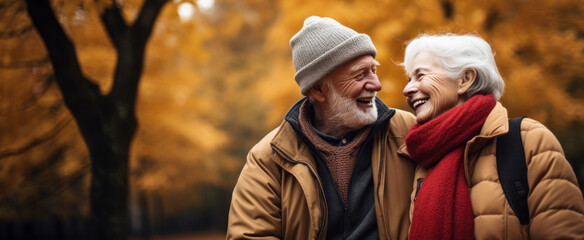 Smiling senior couple spends time in the park in autumn