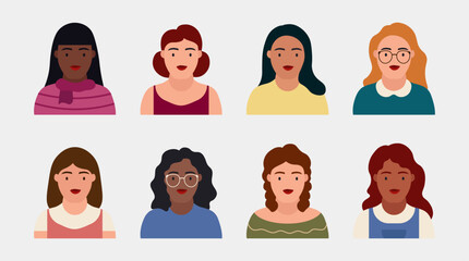 Collection of avatars of different females. Face portraits  characters avatars. Flat vector