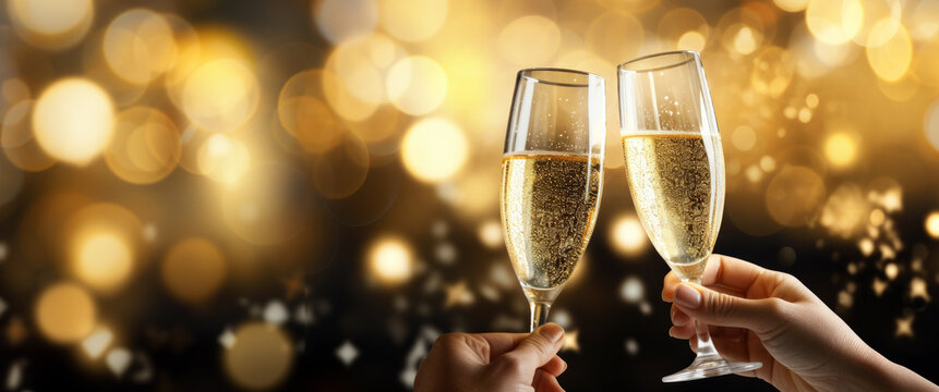 Hands with two glasses of champagne. New Year's Eve concept