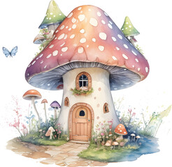 Beautiful mushroom fairy house in vintage color painted in watercolor on a white isolated background. Generative AI.
