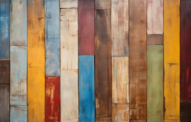 A vibrant and abstract painting made of multicolored wooden planks on a wall