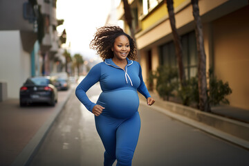 sporty pregnant african american woman running on street, expecting lady doing sport outside,...