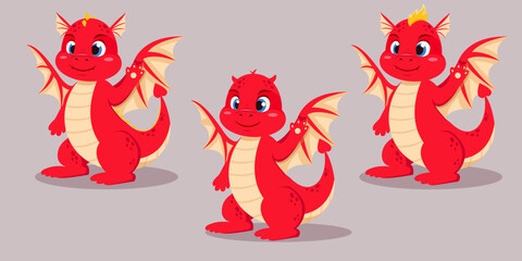 Set of red cute cartoon dragon characters symbol of new year 2024 chinese new year