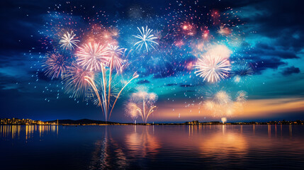 Fireworks in the city at night.