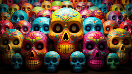 Colorful sugar skulls on display in a Mexican souvenir shop.