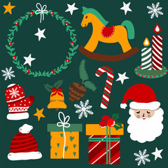 Vector illustration, set of icons for decotation, christmasr, mug, snowflakes, nice decotation for new year and christmas cards, posters