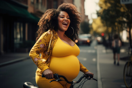 sporty pregnant african american woman expecting lady doing sport outside , riding bicycle, Healthy lifestyle during pregnancy.