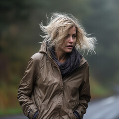 photo real 60 year old white woman, dark blonde hair, walking in countryside on a wet blustery day