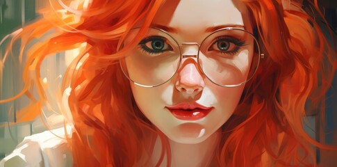 A woman with red hair and glasses posing for a portrait painting - obrazy, fototapety, plakaty