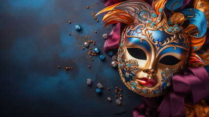 Beautiful colorful carnival mask with blue and golden colors, AI Generated - obrazy, fototapety, plakaty