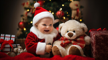 サンタの服をきたかわいい笑顔の赤ちゃんと、くまのぬいぐるみとのツーショット写真