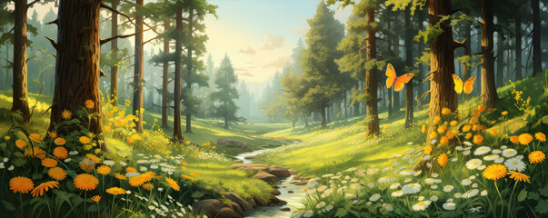 Forest meadow with lots of beauitful flowers. - obrazy, fototapety, plakaty