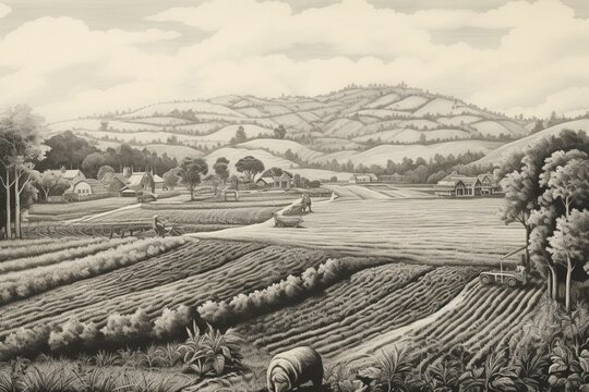 vintage drawing depicting farming area. Generative AI