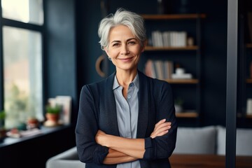A mature woman standing beside a bookshelf filled with books
