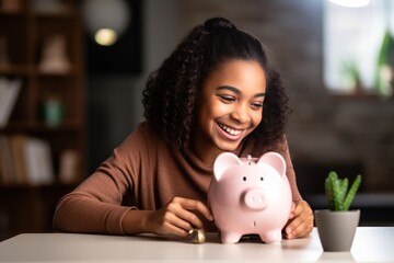 A woman saving money by putting a coin into a pink piggy bank