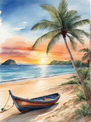 Exquisite Watercolor Beach Sunset with Palm Trees and Boat. generative AI