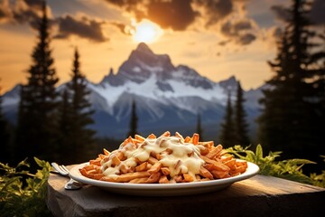 Indulge in a plate of poutine, with golden fries and creamy cheese curds enveloped in gravy, set against the awe-inspiring Canadian Rockies. - obrazy, fototapety, plakaty